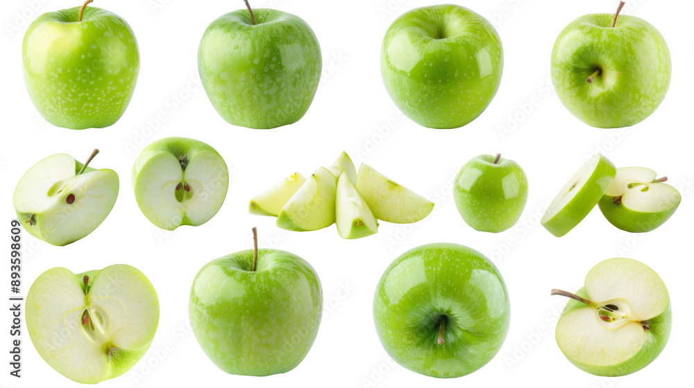 Isolated set of green apples. Whole, sliced and cut in half. Isolated set of green apples. Whole, sliced and cut in half.