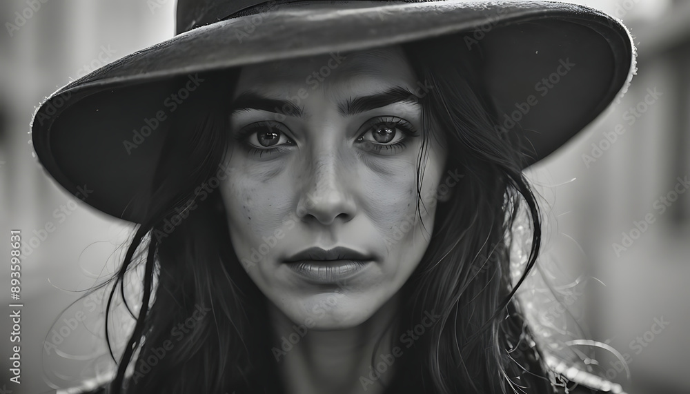 A striking black and white portrait of a woman wearing a hat A striking black and white portrait of a woman wearing a hat