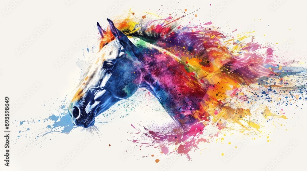 Naklejka premium A beautiful horse head rendered in an explosion of vibrant colors and dynamic brushstrokes, evoking energy and motion.