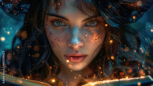 Enchanted woman reading a magical book with glowing sparks around her face