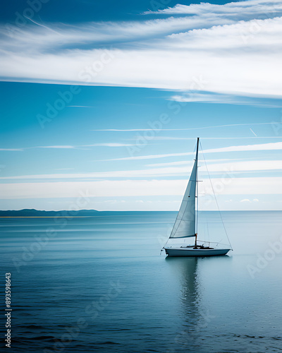 A serene scene of a solitary sailboat gliding on calm ocean waters under a blue sky 