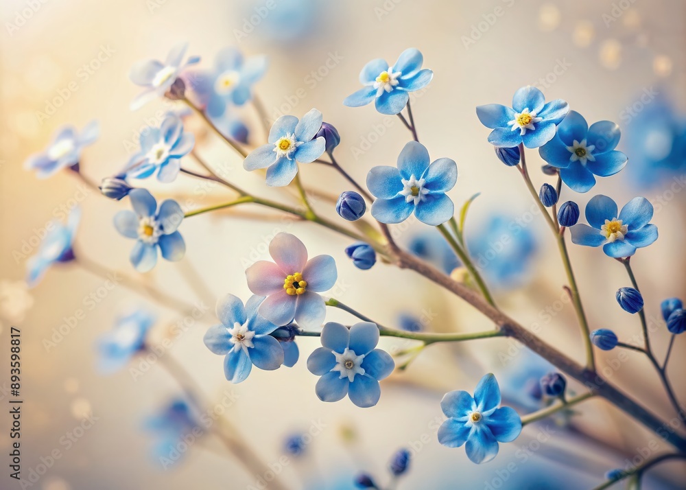 Delicate blue flowers bloom on a slender branch against a soft, creamy white background, perfect for a serene and calming wallpaper or design element.