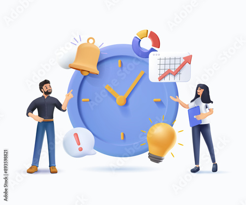 Business illustration. Characters planning and organizing schedule, work task and time management strategy to increase productivity 3D style. Self management and multitasking concept. 3D illustration