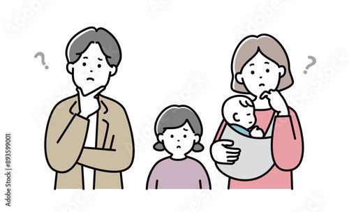 家族イラスト　表情　4人家族　子供　日本人　悩む　考える　若い	赤ちゃん　おしゃれ　シンプル　かわいい