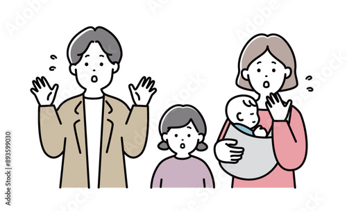 家族イラスト　表情　4人家族　子供　日本人　焦る　若い	赤ちゃん　おしゃれ　シンプル　かわいい