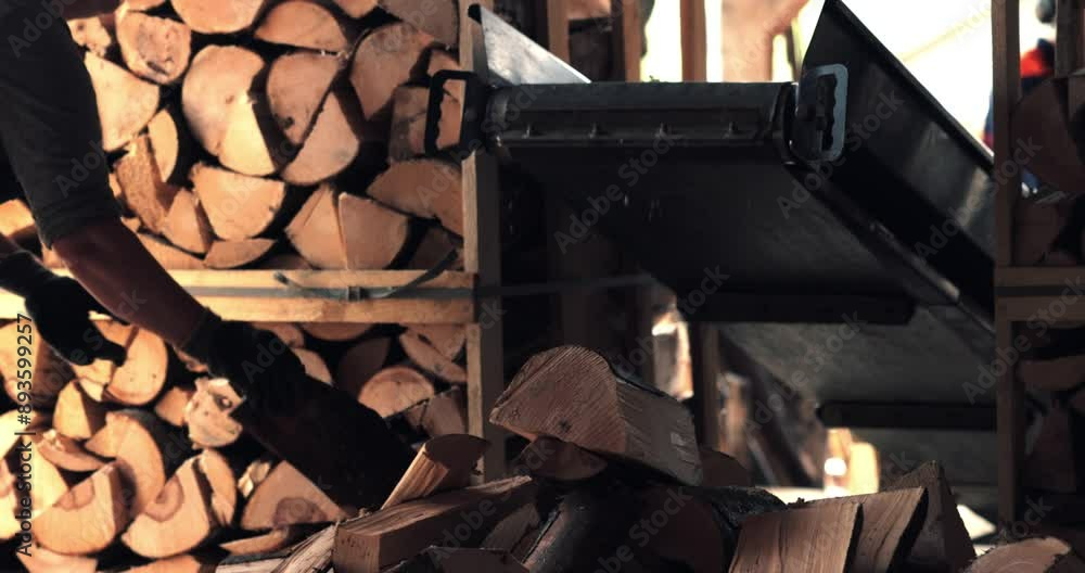 A conveyor belt in a wood processing facility carries freshly cut wood logs to a pile