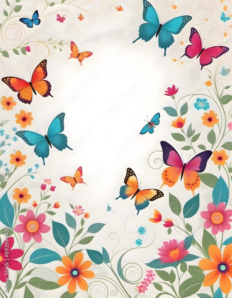 Vibrant illustration of colorful flowers and butterflies in various shades of red, orange, purple, and pink on a light wooden background, Generative AI. Vibrant illustration of colorful flowers and butterflies in various shades of red, orange, purple, and pink on a light wooden background, Generative AI.