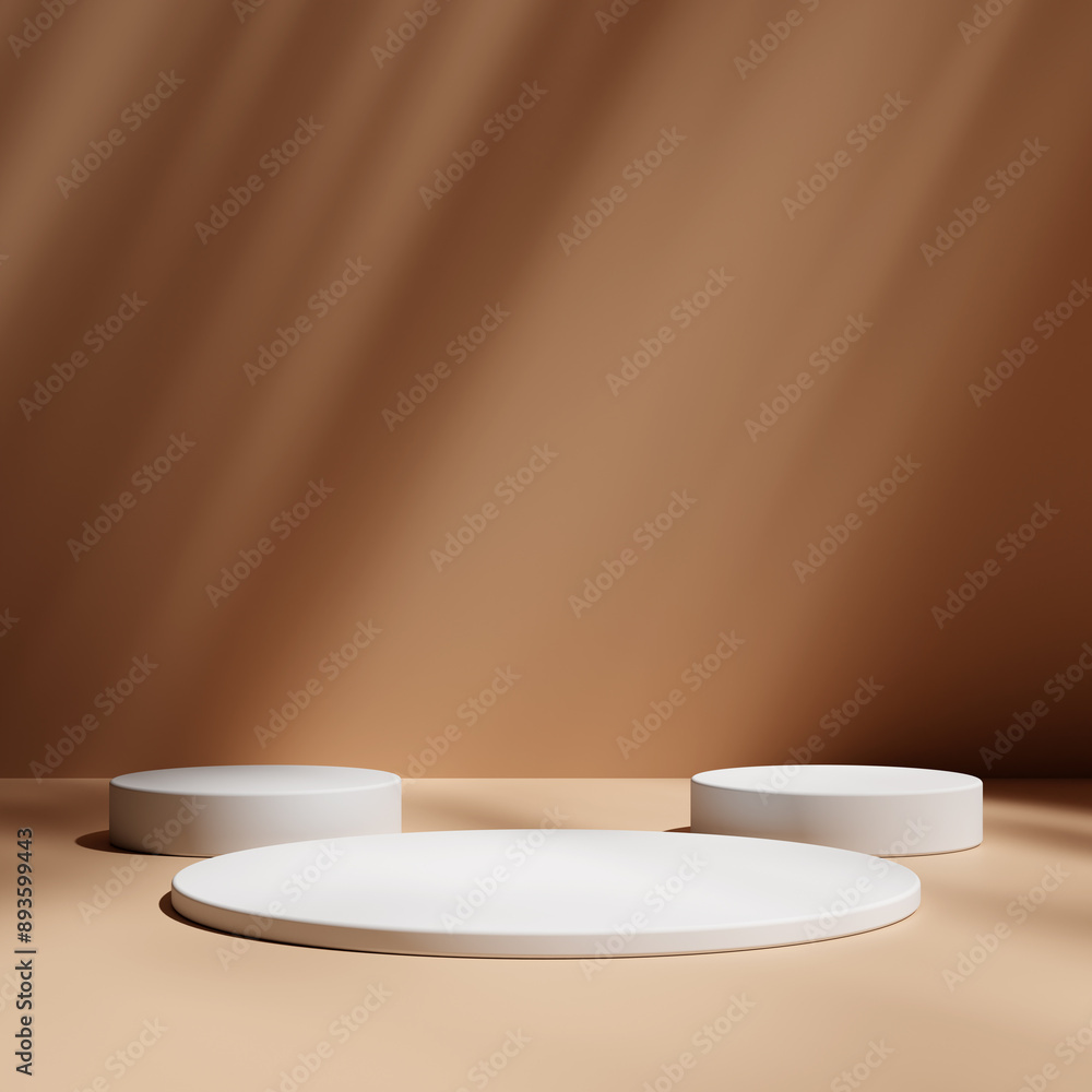 Minimal brown podium for product showcase. Cylinder shapes pedestal. Dark background display. Black stand backdrop. Minimal brown podium for product showcase. Cylinder shapes pedestal. Dark background display. Black stand backdrop.