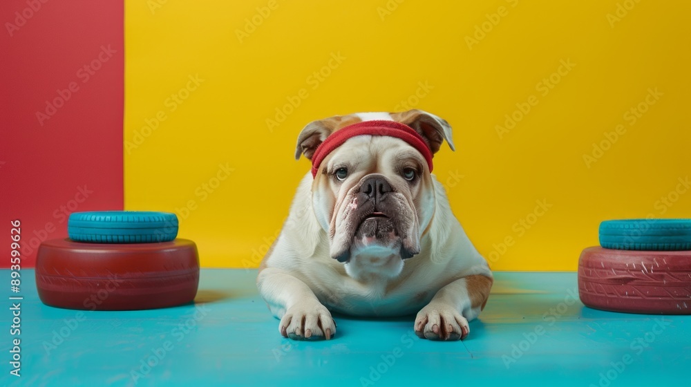 Bulldog wearing headband lying between tires on blue and yellow background, looking like it's ready for a workout