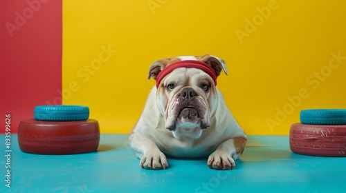Obraz na płótnie Bulldog wearing headband lying between tires on blue and yellow background, looking like it's ready for a workout w salonie