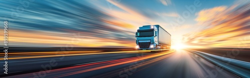 A semi truck driving at high speed on an open highway during a stunning sunset. 