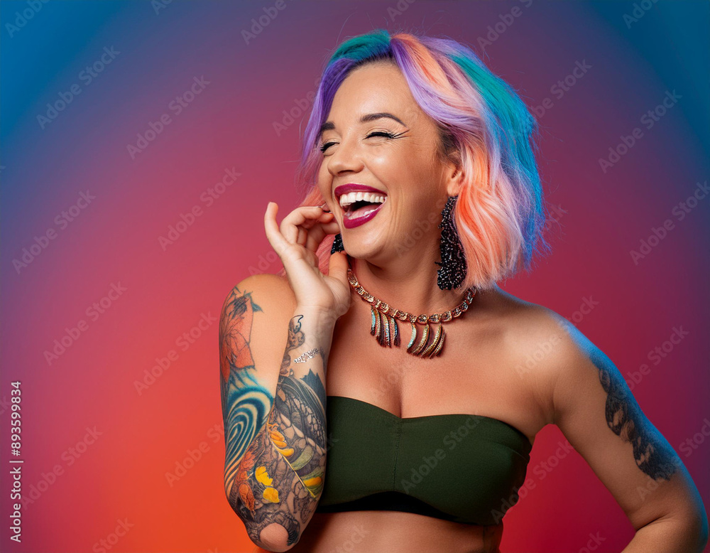 Psychedelic Studio Portrait of a Giggling Tattooed Woman with Copy Space Psychedelic Studio Portrait of a Giggling Tattooed Woman with Copy Space