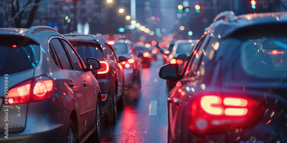 Cars stuck in a traffic jam during the evening, with brake lights glowing and a blurred cityscape in the background. Cars stuck in a traffic jam during the evening, with brake lights glowing and a blurred cityscape in the background.