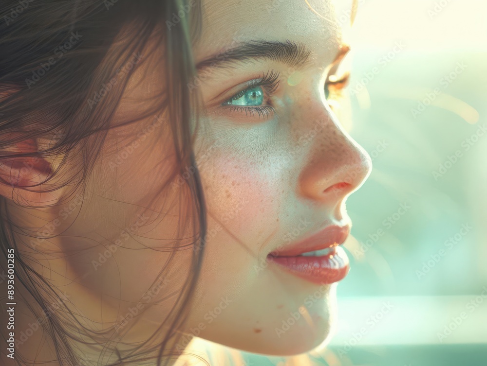 A woman with long dark hair and blue eyes looks off to the side with a wistful smile. Sunlight bathes her face in a warm glow. A woman with long dark hair and blue eyes looks off to the side with a wistful smile. Sunlight bathes her face in a warm glow.