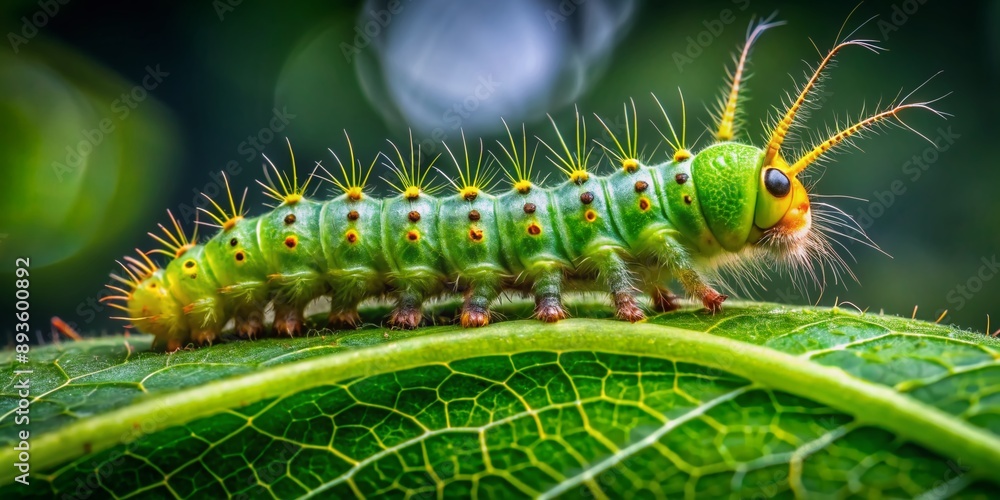 Vibrant green caterpillar with tiny legs and delicate hairs crawls along the edge of a fresh green leaf, showcasing intricate details of nature. Vibrant green caterpillar with tiny legs and delicate hairs crawls along the edge of a fresh green leaf, showcasing intricate details of nature.