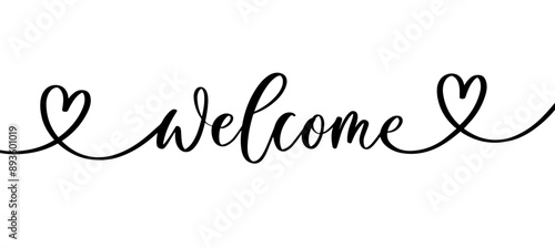 Welcome - calligraphic inscription with smooth lines and heart.