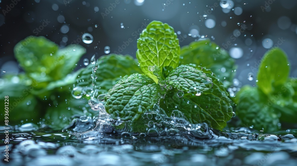 A Refreshing Splash of Mint Leaves in a Watery Shower. Generative AI A Refreshing Splash of Mint Leaves in a Watery Shower. Generative AI