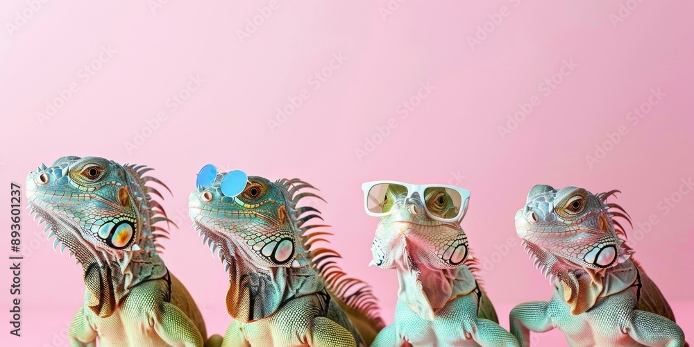 Fototapeta premium Stylish Lizard Squad: Quirky Reptiles with Sunglasses on Vibrant Background. Abstract Animal Concept for Edgy Advertising and Modern Design Projects. AI-Generated High-Resolution Digital Artwork with 