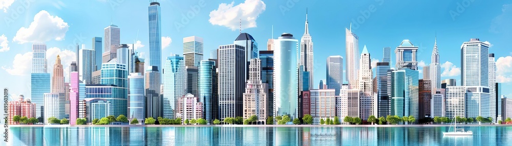 Fototapeta premium Urban downtown city skyline with towering skyscrapers, Downtown skyline, urban metropolis