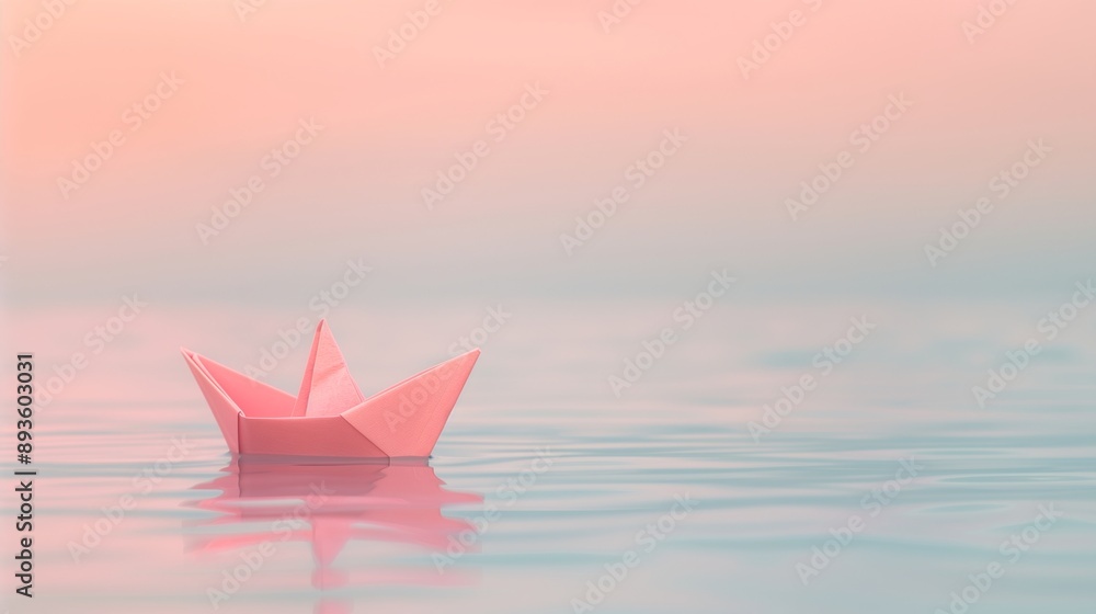 Obraz premium Pink Origami Paper Boat Floating on Calm Water Surface with Soft Pastel Sky Background for Minimalist and Peaceful Design Concepts in Stock Photography