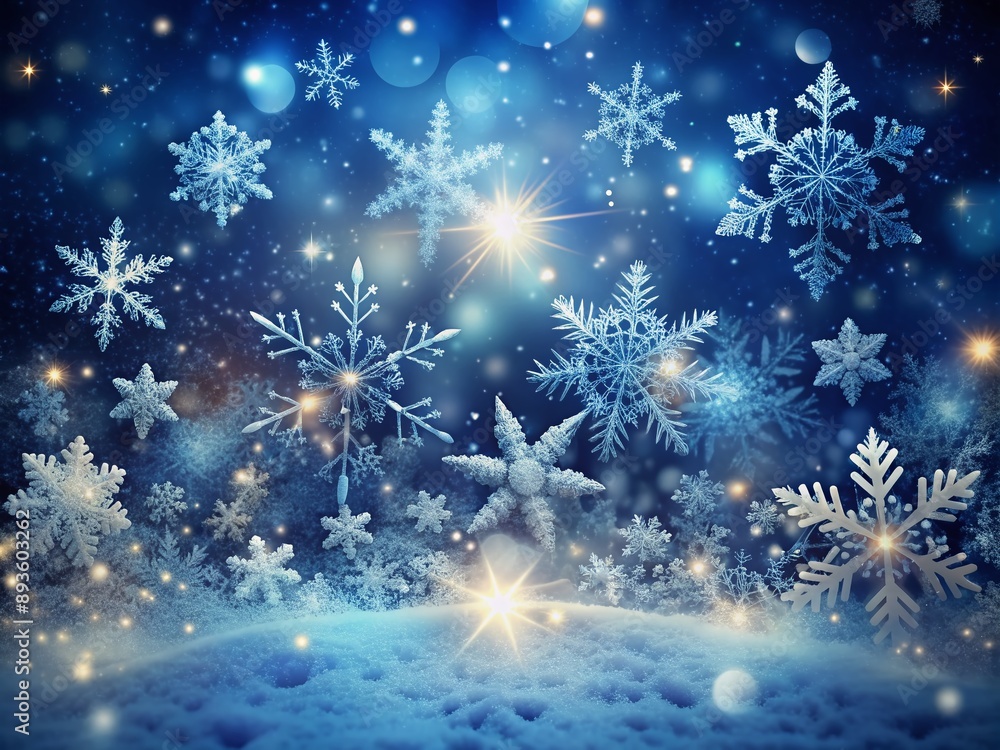 Serene winter wonderland scene featuring delicate snowflakes gently falling on a dark blue background, showcasing intricate details with a soft, peaceful, and ethereal atmosphere. Serene winter wonderland scene featuring delicate snowflakes gently falling on a dark blue background, showcasing intricate details with a soft, peaceful, and ethereal atmosphere.