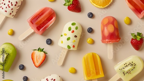 A fun and whimsical pattern of fruit ice creams, with colorful toppings and details, high-resolution photo, realistic photo, hyper realistic