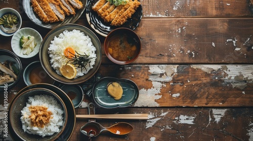 Fototapeta Naklejka Na Ścianę i Meble -  和風テーブルの上の日本のとんかつ定食