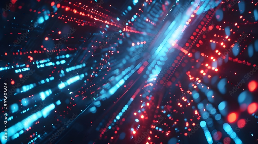 Fototapeta premium Abstract Glowing Blue and Red Lights Digital Background Representing Data Transfer or Technology in Dark Space, Futuristic Design Concept for Big Computer Systems