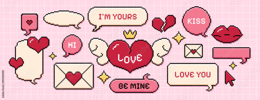 Set of pixel speech bubbles, heart with wings, red lips, dialogue boxes different shapes. Chat message frames and cute love sticker in 8bit retro style. Pixelated email envelope, valentine's day icons Set of pixel speech bubbles, heart with wings, red lips, dialogue boxes different shapes. Chat message frames and cute love sticker in 8bit retro style. Pixelated email envelope, valentine's day icons