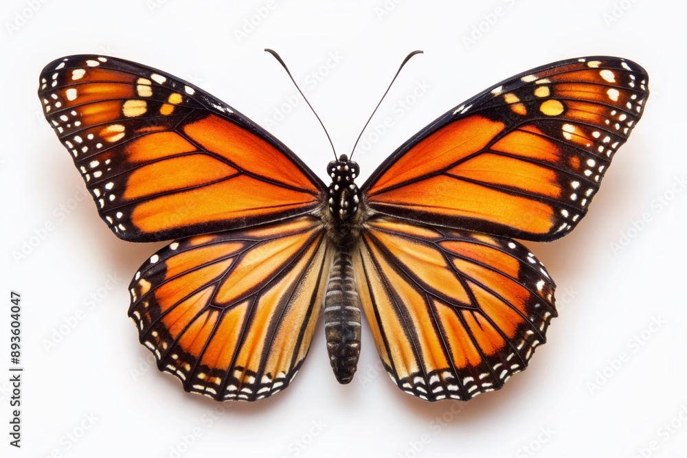 Fototapeta premium Vibrant orange and black monarch butterfly with delicate open wings spreads majestically, showcasing intricate veining, a symbol of summer's warmth and migratory wonders, on pure white background.