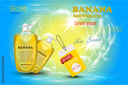 Realistic advertisement for sale banana liquid soap