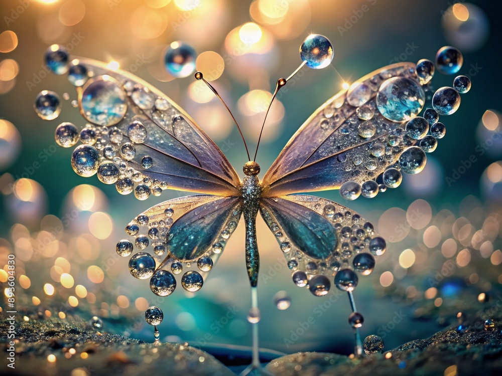 Obraz premium Delicate water droplets suspended in air form a mesmerizing butterfly shape, refracting light and showcasing intricate details, against a soft, blurred background.