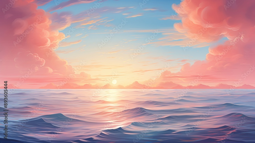 An illustration of a vast mountainous landscape with a gradient sky in soft pastel blues, creating a serene and expansive natural scene An illustration of a vast mountainous landscape with a gradient sky in soft pastel blues, creating a serene and expansive natural scene