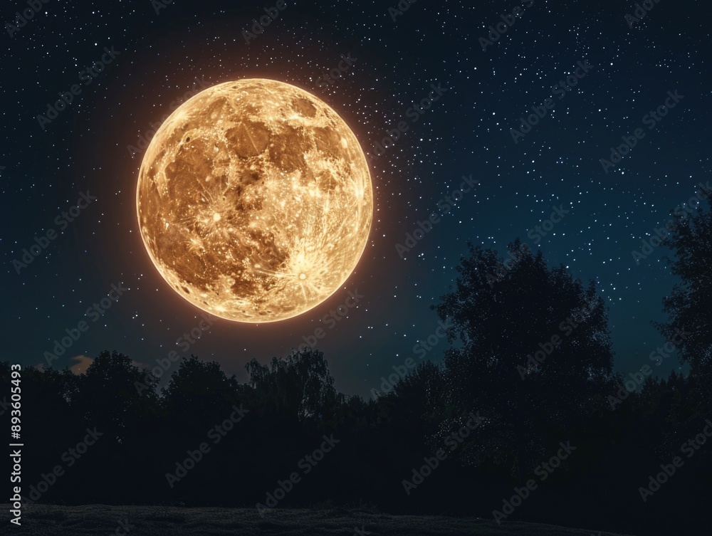 A full moon shines brightly in the night sky, surrounded by trees in the foreground A full moon shines brightly in the night sky, surrounded by trees in the foreground