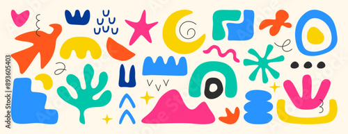 Vector set of abstract simple geometric shapes, lines and nature forms. Collection of hand drawn trendy basic figures, organic matisse elements. Freehand freeform color objects, floral plants, leaves.