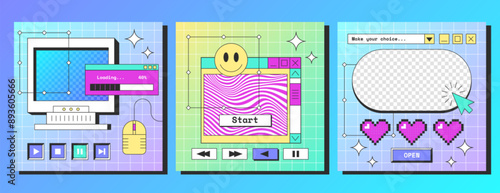 Social media square poster template with retro desktop computer interface with buttons, message boxes, pixel hearts and fun smile icon. Old pc screen with browser windows, geek stickers in y2k style.