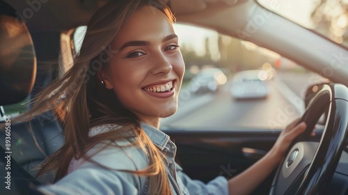 looking for a song you love. Young, attractive woman driving a car, smiling and pushing buttons