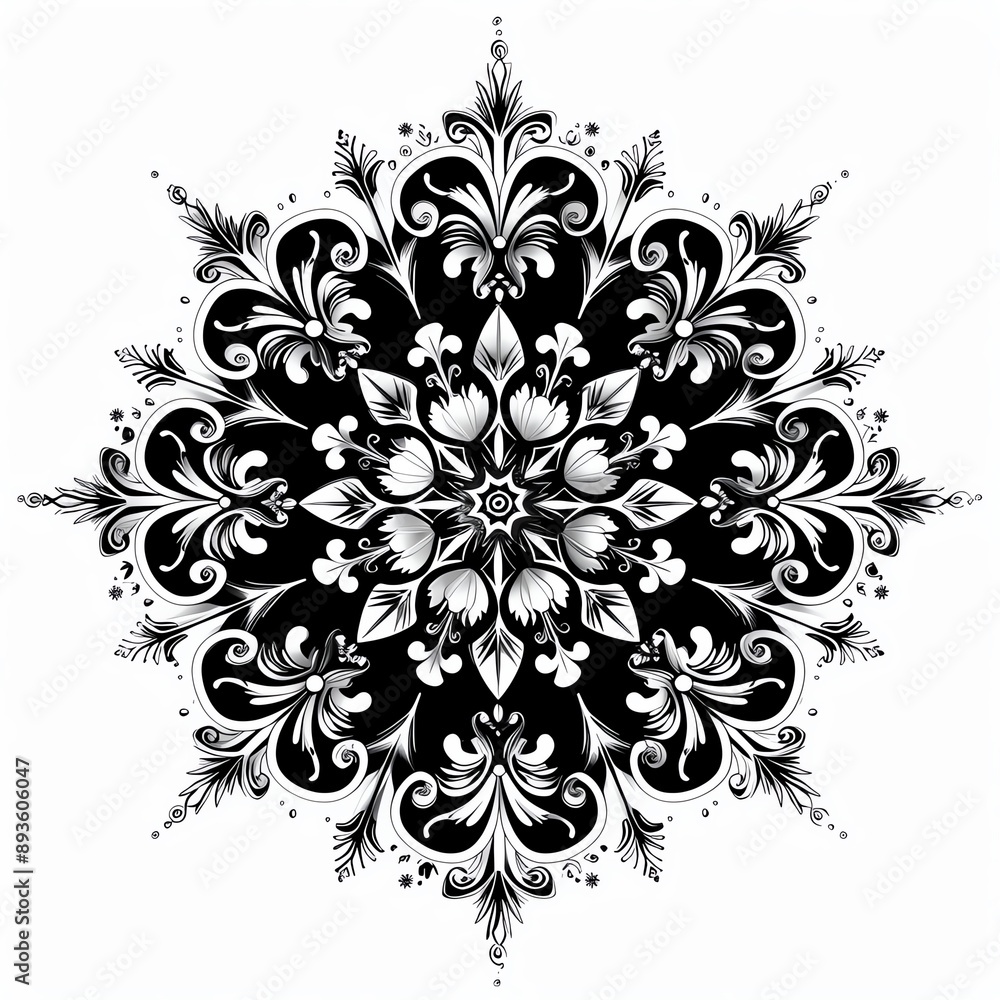Intricate black and white floral mandala design with swirling patterns. Perfect for decorative backgrounds and design elements. Intricate black and white floral mandala design with swirling patterns. Perfect for decorative backgrounds and design elements.