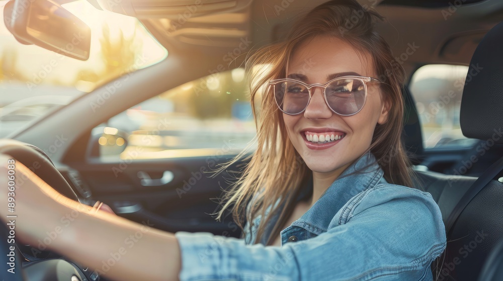 looking for a song you love. Young, attractive woman driving a car, smiling and pushing buttons looking for a song you love. Young, attractive woman driving a car, smiling and pushing buttons
