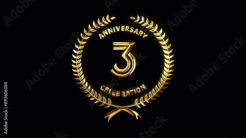 3rd Anniversary Celebration. Happy 3 Years Anniversary Animation in Gold Color on the Transparent Background, Alpha Channel. Great for greetings, celebrations, events, and gifts. photo