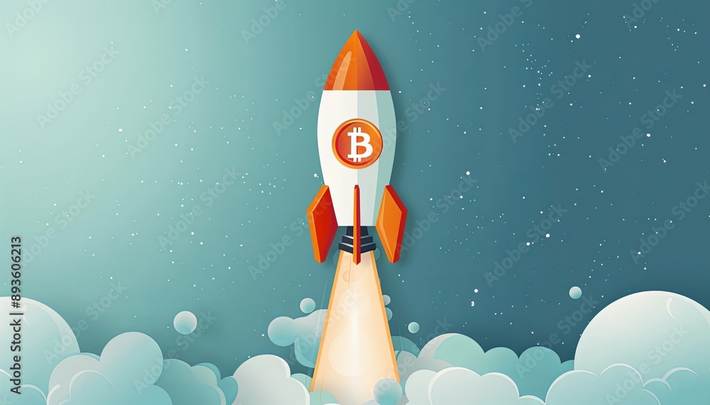 Un razzo in decollo con il logo Bitcoin, a simboleggiare una crescita esplosiva Un razzo in decollo con il logo Bitcoin, a simboleggiare una crescita esplosiva