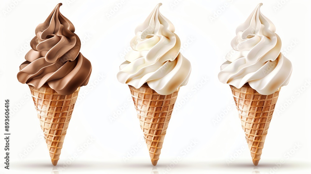 Three soft serve ice cream cones in chocolate, vanilla and white chocolate flavors, isolated on white background. Three soft serve ice cream cones in chocolate, vanilla and white chocolate flavors, isolated on white background.