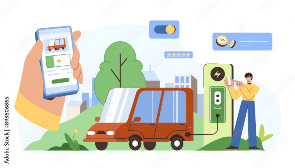 Flat man character pay and charge electric car at ev charger station via mobile application on smartphone. Green transport. Eco friendly fuel concept. Ecology environment vehicles. Charging point auto Flat man character pay and charge electric car at ev charger station via mobile application on smartphone. Green transport. Eco friendly fuel concept. Ecology environment vehicles. Charging point auto