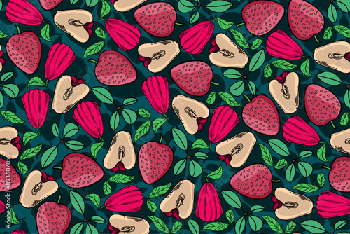 seamless pattern strawberry and water guava vector drawing