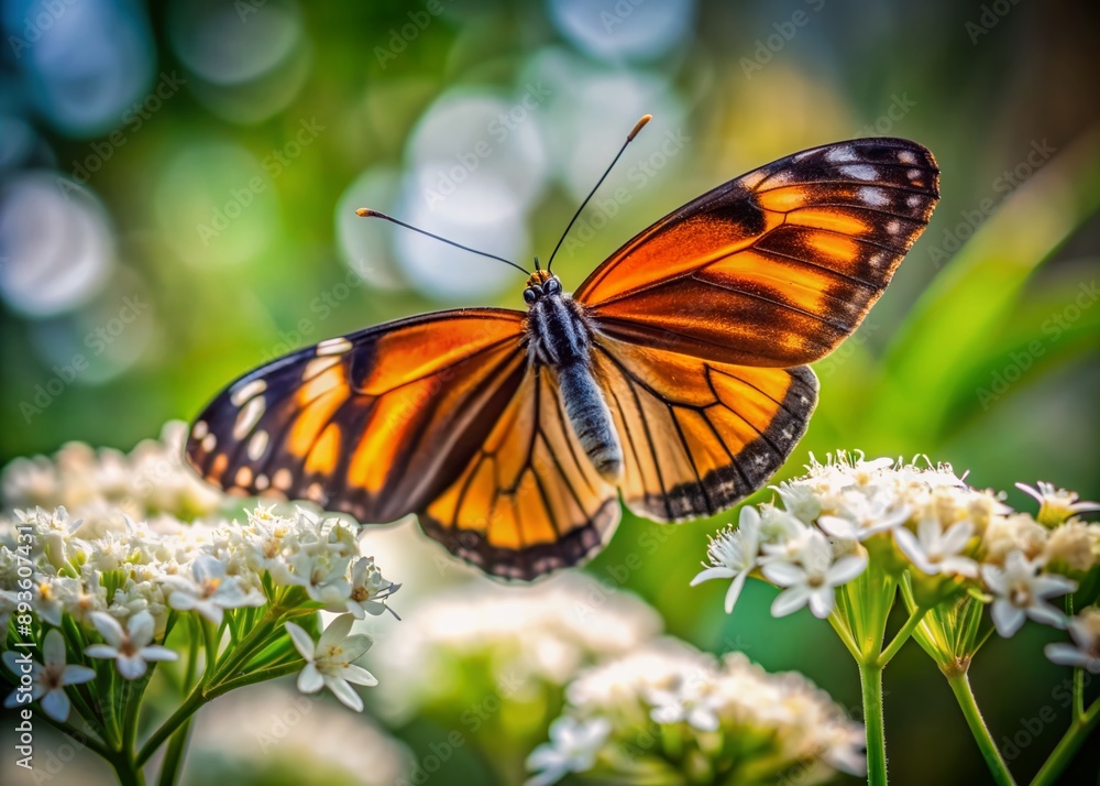 Vibrant orange and black striped butterfly rests on delicate white petals of flowers, surrounded by soft focus blur, creating intimate and peaceful atmosphere. Vibrant orange and black striped butterfly rests on delicate white petals of flowers, surrounded by soft focus blur, creating intimate and peaceful atmosphere.