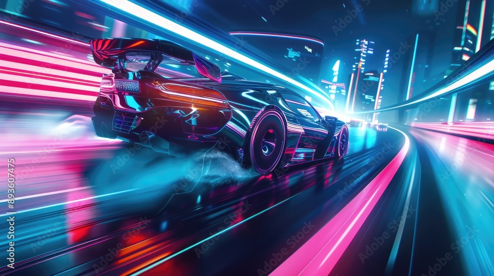 Futuristic car speeding through a neon-lit cyber city at night, with glowing light trails and high acceleration for a dynamic scene Futuristic car speeding through a neon-lit cyber city at night, with glowing light trails and high acceleration for a dynamic scene