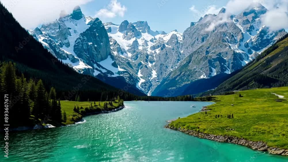 Scenic lake in the mountains of Banff National Park with reflections of snow-capped peaks under a clear sky Scenic lake in the mountains of Banff National Park with reflections of snow-capped peaks under a clear sky