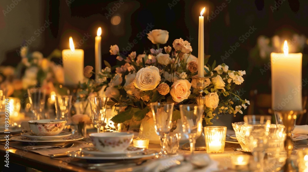 Obraz premium elegant dining table set for a festive meal, with candles, and beautifully arranged flowers