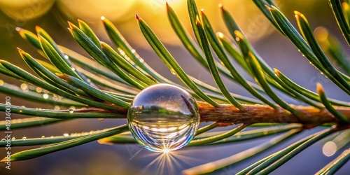 Delicate pine needle supports a glistening water droplet, mirroring the inverted surrounding landscape with flawless clarity, showcasing nature's intricate beauty and symmetry. photo