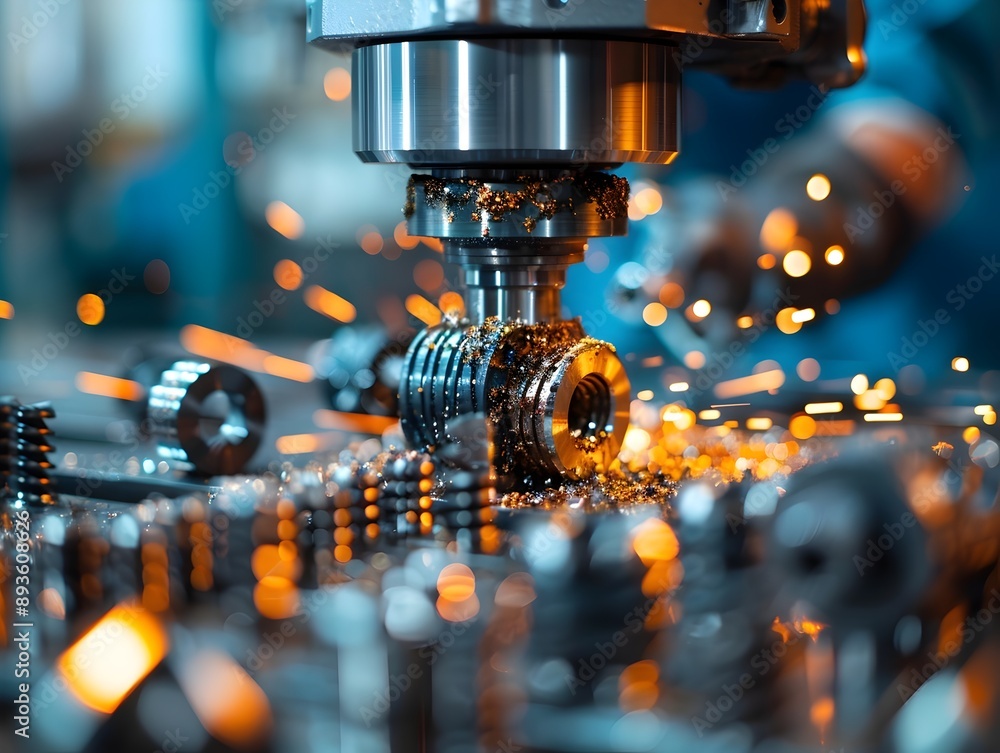 Precision Engineers Crafting Intricate Parts on Advanced CNC Machines in Industrial Workshop Precision Engineers Crafting Intricate Parts on Advanced CNC Machines in Industrial Workshop